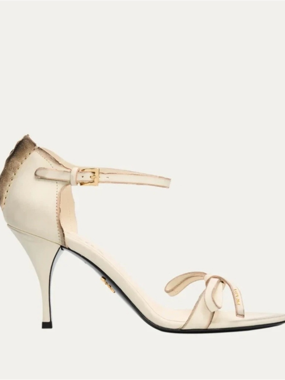 PRADA ANTIQUED LEATHER EXPOSED SEAM ANKLE STRAP WHITE SANDALS